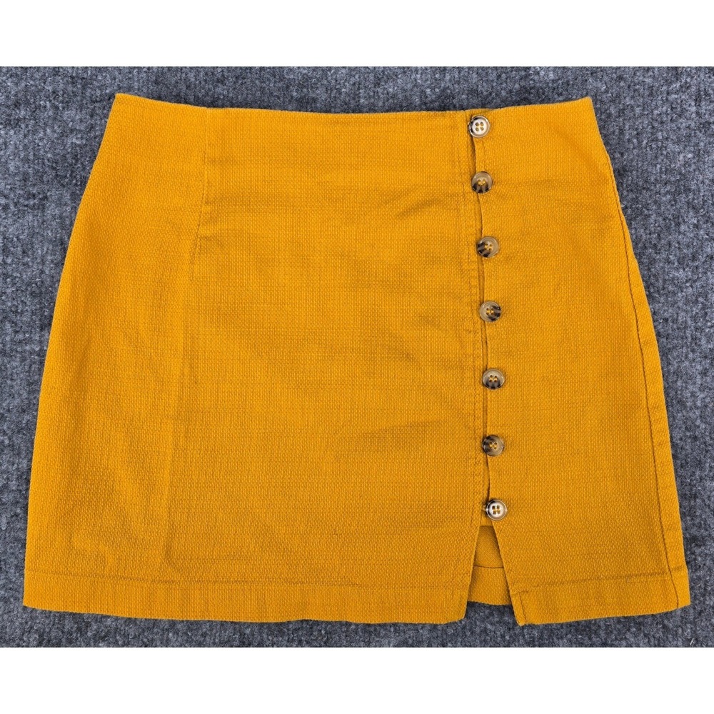 Mini Skirt Women's S Golden Yellow Button Front Cotton Linen Retro 70s Academia - Picture 1 of 5